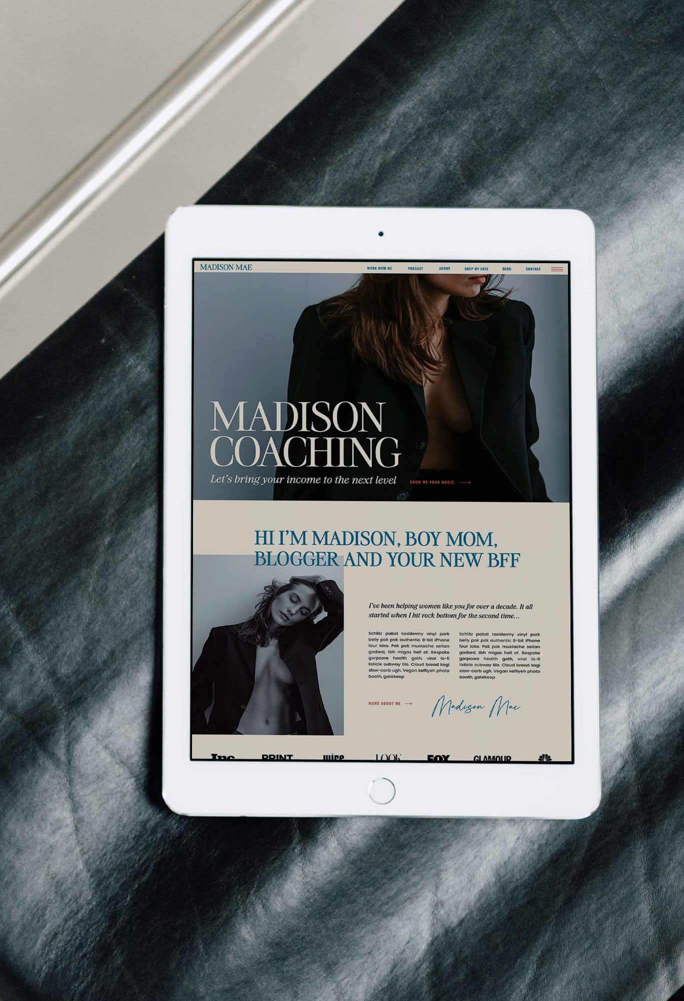 Madison Coaching website homepage displayed on a tablet