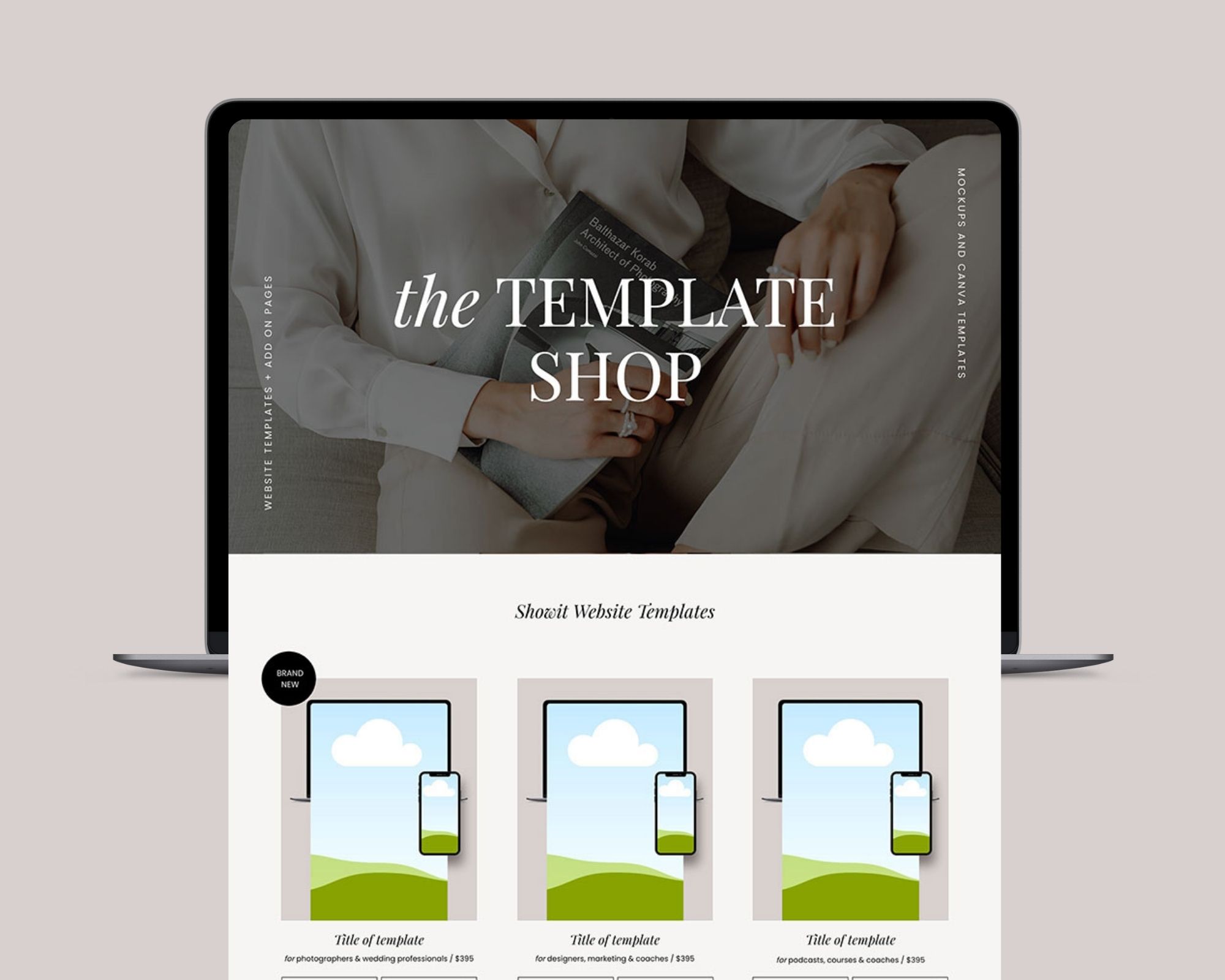Showit template shop website mockup displayed on a laptop
